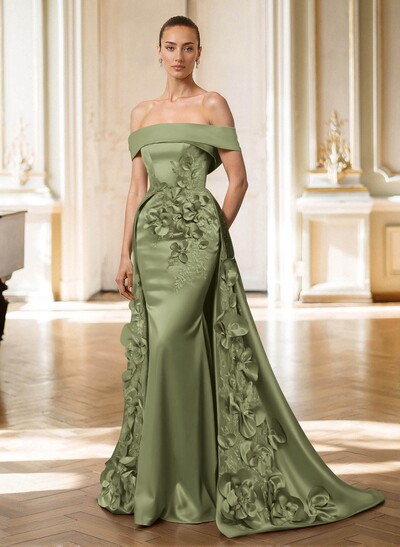 Off-The-Shoulder Trumpet/Mermaid Satin Evening Dress With Detachable Overskirt Train