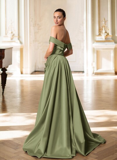 Off-The-Shoulder Trumpet/Mermaid Satin Evening Dress With Detachable Overskirt Train