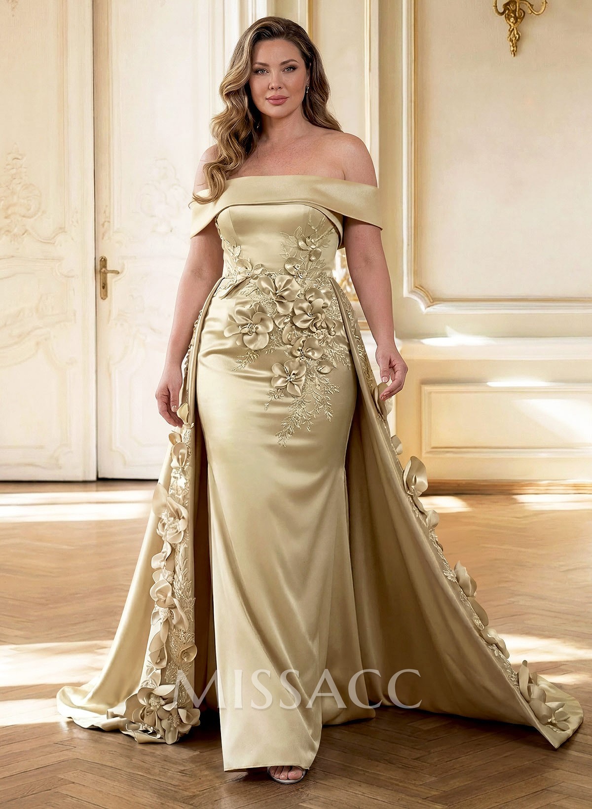 Trumpet/Mermaid Off-The-Shoulder Sweep Train Satin Evening Dresses With Overskirt Dress