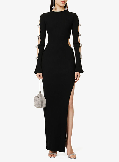 Scoop Neck Bow(s) Long Sleeves Back Hole High Split Floor-Length Stretch Satin Evening Dresses