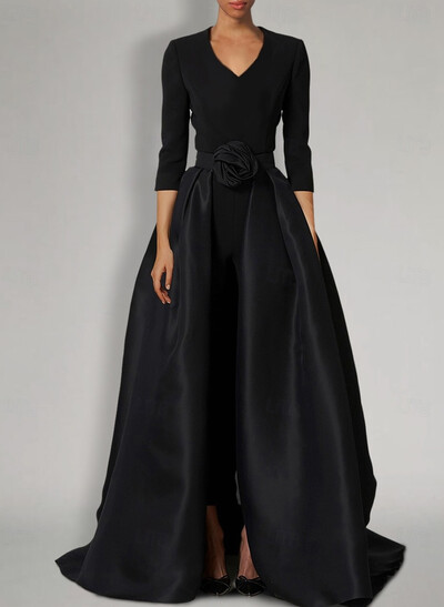 V-Neck 3/4 Sleeves A-Line Overskirt Detachable Train Satin Evening Dresses With Flower(s)