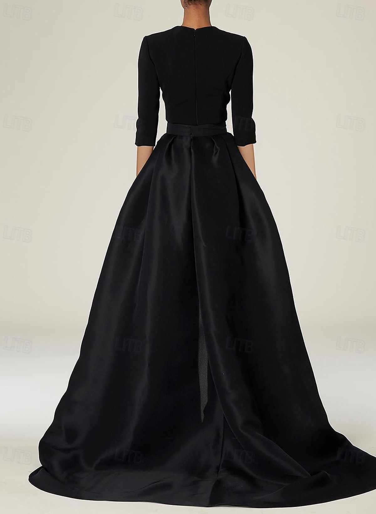 V-Neck 3/4 Sleeves A-Line Overskirt Detachable Train Satin Evening Dresses With Flower(s)