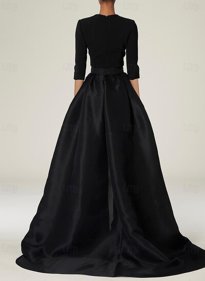 V-Neck 3/4 Sleeves A-Line Overskirt Detachable Train Satin Evening Dresses With Flower(s)