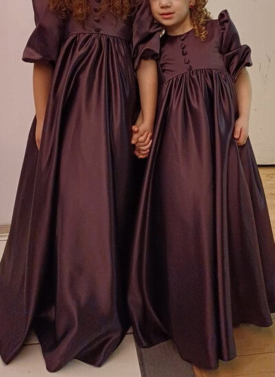 Scoop Neck Short Sleeves A-Line Floor-Length Satin Flower Girl Dresses