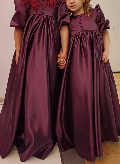 Scoop Neck Short Sleeves A-Line Floor-Length Satin Flower Girl Dresses