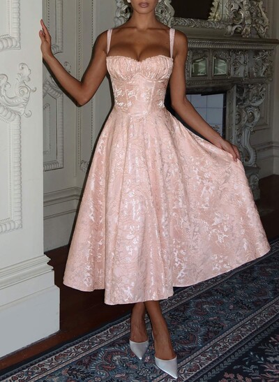 Square Neckline Spaghetti Straps Sleeveless A-Line Tea-Length Homecoming Dresses