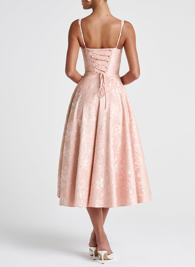 Square Neck Spaghetti Strap Sleeveless A-Line Midi Party Dresses
