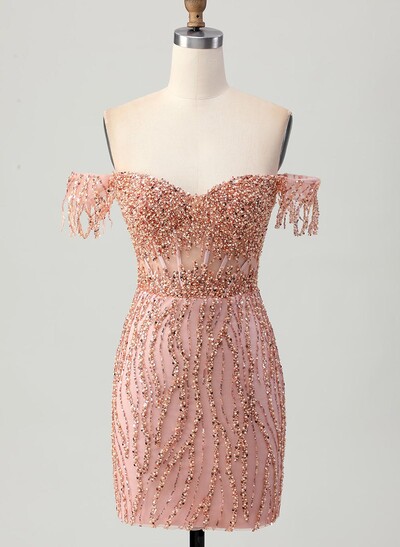 Elegant Sweetheart Off-The-Shoulder Short/Mini Lace/Sequined Homecoming Dresses With Beading