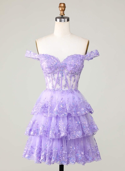 Sweetheart Sleeveless Tiered A-Line Short/Mini Tulle Homecoming Dresses With Sequins/Lace