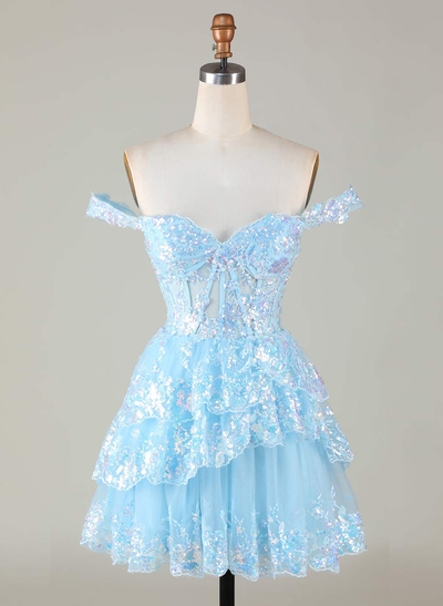 Sweetheart Sleeveless Tiered A-Line Short/Mini Lace/Tulle/Sequined Homecoming Dresses