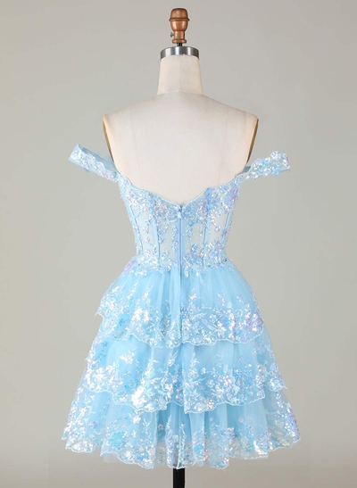 Sweetheart Sleeveless Tiered A-Line Short/Mini Lace/Tulle/Sequined Homecoming Dresses
