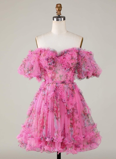 Sweetheart Off-The-Shoulder Short Sleeves A-Line Short/Mini Tulle Chiffon Homecoming Dresses With Ruffle/Bow(s)