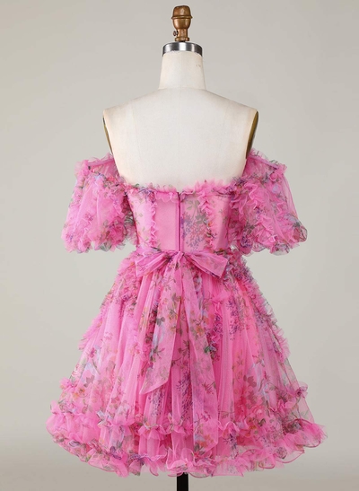 Sweetheart Off-The-Shoulder Short Sleeves A-Line Short/Mini Tulle Chiffon Homecoming Dresses With Ruffle/Bow(s)