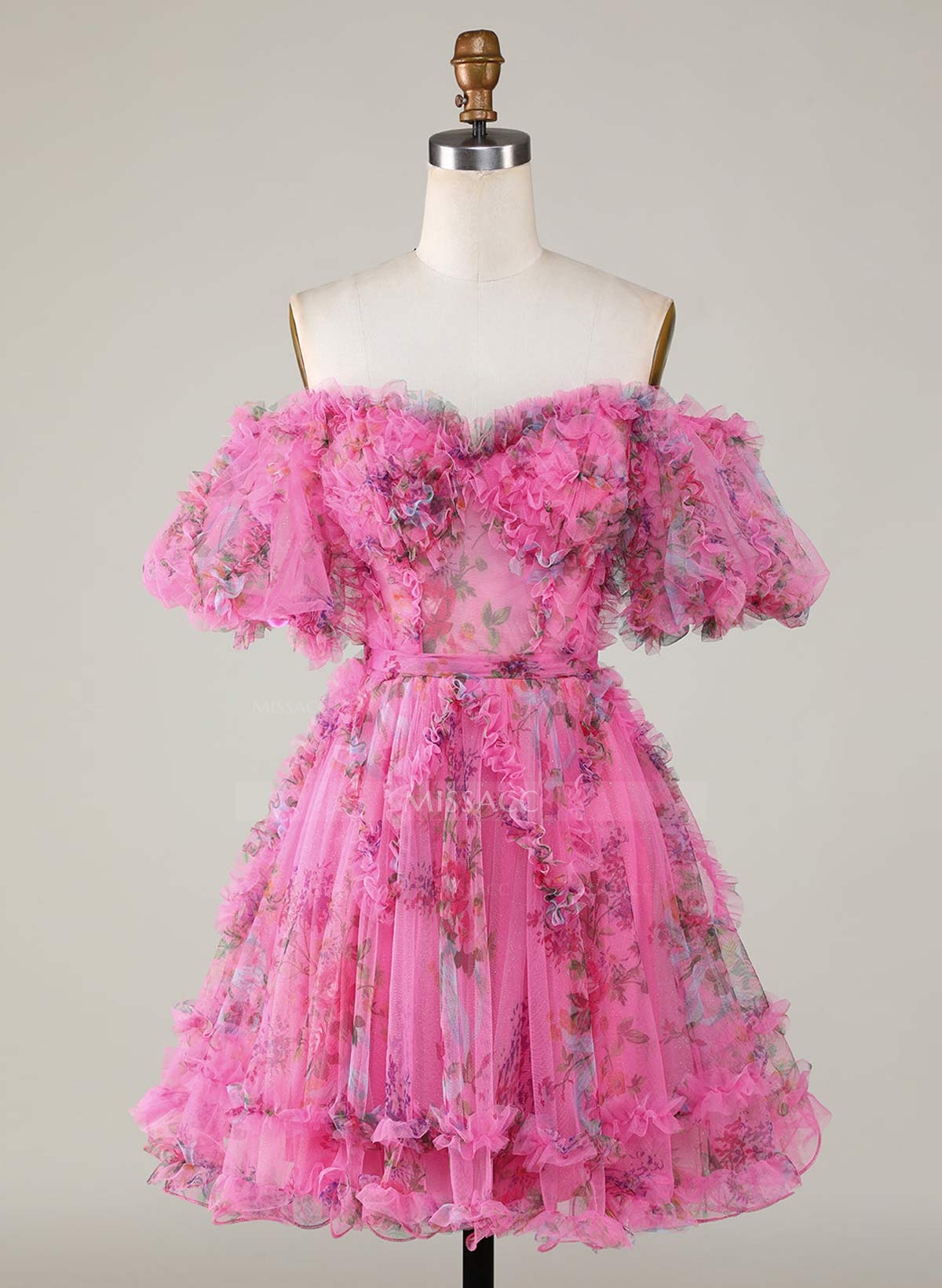 Sweetheart Off-The-Shoulder Short Sleeves A-Line Short/Mini Tulle Chiffon Homecoming Dresses With Ruffle/Bow(s)