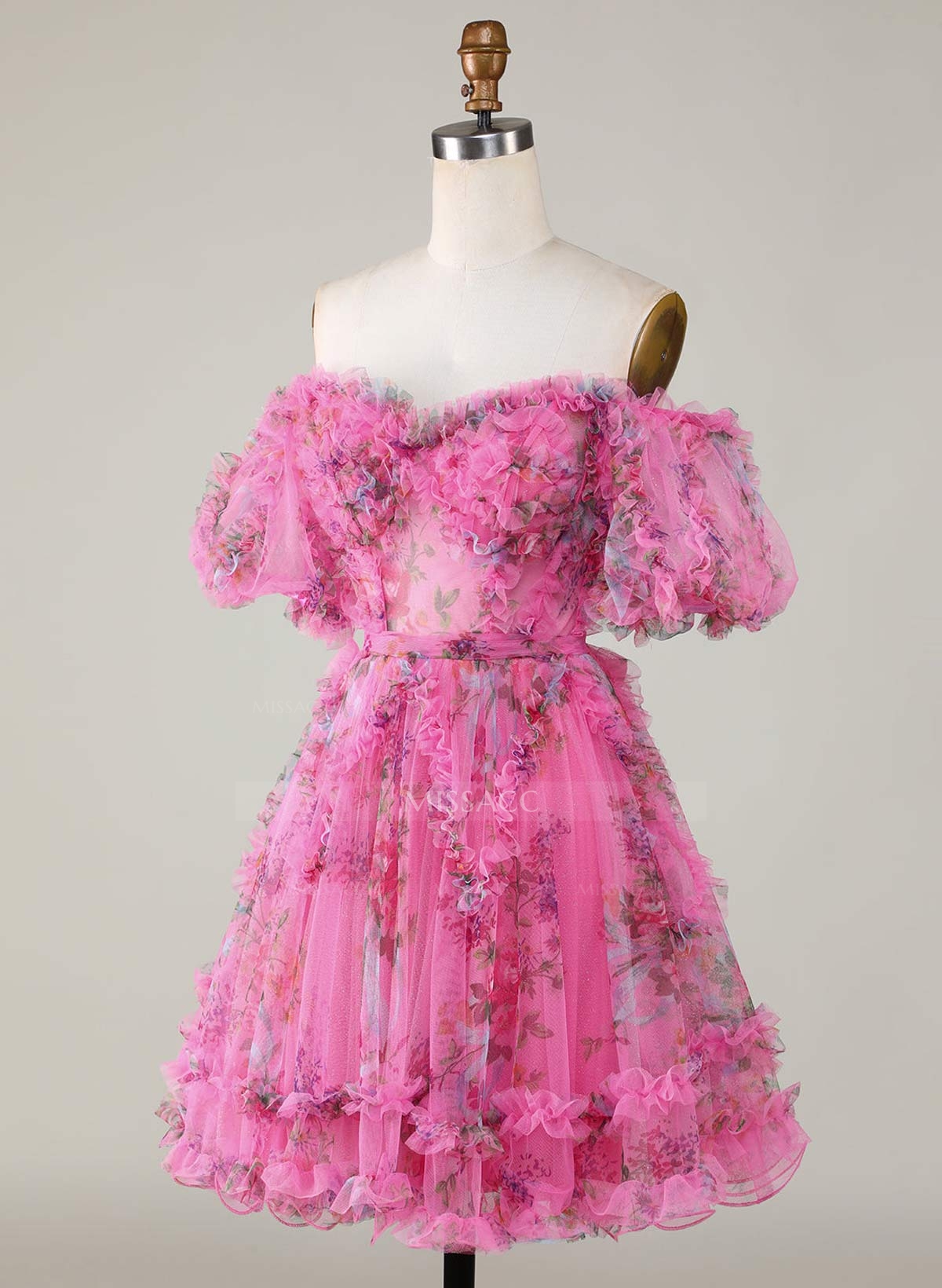Sweetheart Off-The-Shoulder Short Sleeves A-Line Short/Mini Tulle Chiffon Homecoming Dresses With Ruffle/Bow(s)