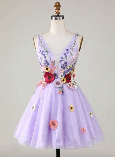Flower(s) Sleeveless V-Neck A-Line Short/Mini Lace/Tulle Homecoming Dresses