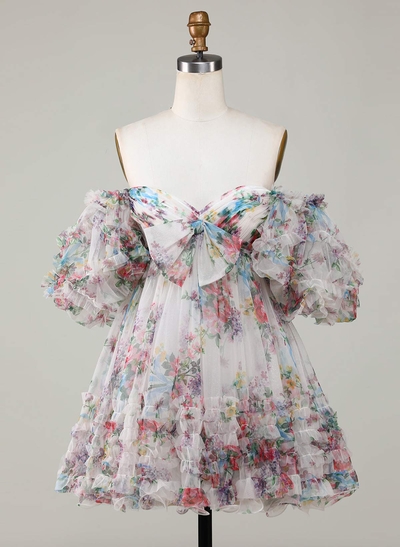 Pleated Bow(s) Sweetheart Off-The-Shoulder Ruffle Short Sleeves A-Line Short/Mini Chiffon Homecoming Dresses