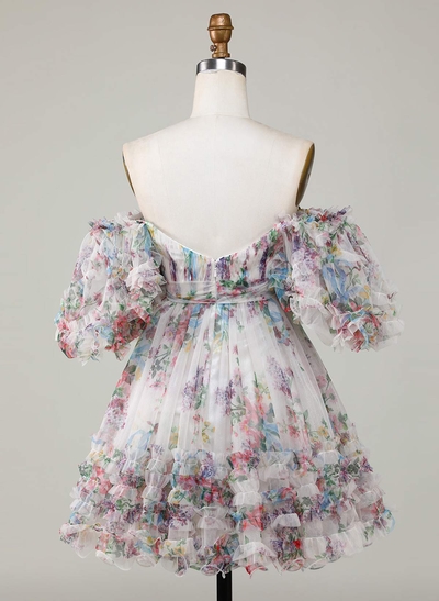 Pleated Bow(s) Sweetheart Off-The-Shoulder Ruffle Short Sleeves A-Line Short/Mini Chiffon Homecoming Dresses