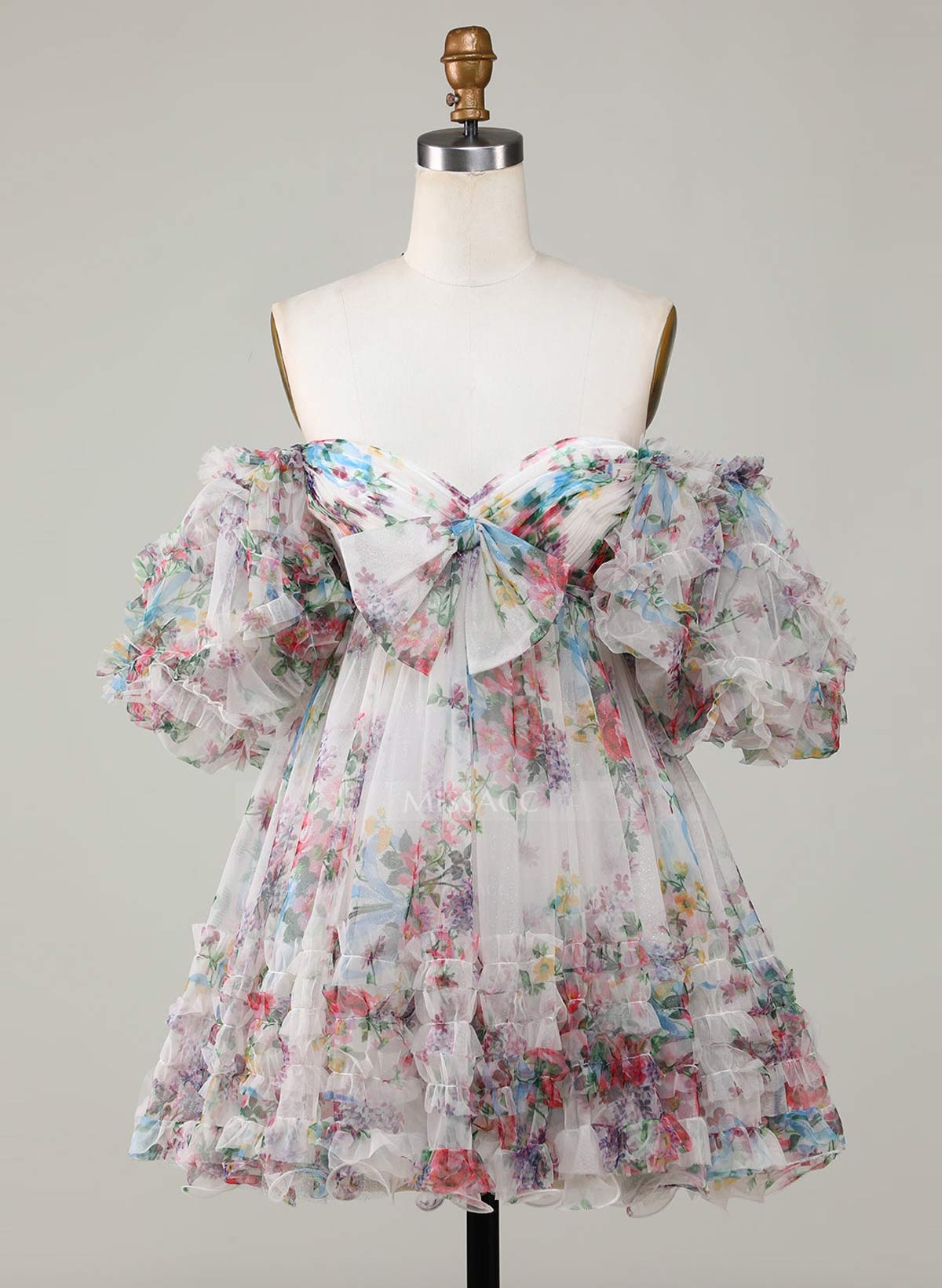 Pleated Bow(s) Sweetheart Off-The-Shoulder Ruffle Short Sleeves A-Line Short/Mini Chiffon Homecoming Dresses