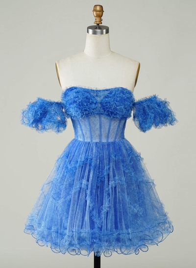 Sweetheart Off-The-Shoulder A-Line Short/Mini Chiffon/Tulle Homecoming Dresses With Ruffle