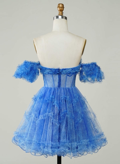Sweetheart Off-The-Shoulder A-Line Short/Mini Chiffon/Tulle Homecoming Dresses With Ruffle