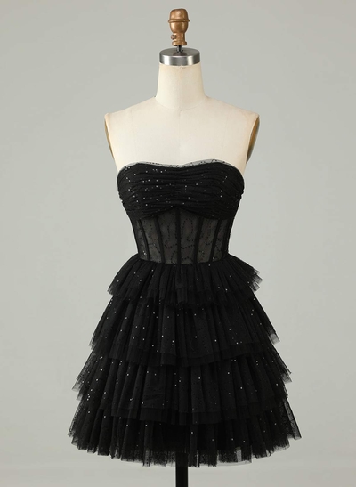 Sweetheart Sleeveless Tiered A-Line Short/Mini Tulle Homecoming Dresses With Sequins