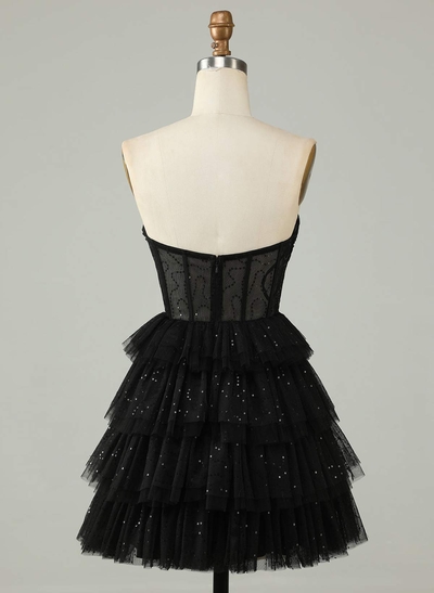 Sweetheart Sleeveless Tiered A-Line Short/Mini Tulle Homecoming Dresses With Sequins