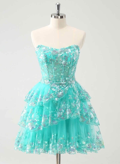 Cowl Neck Sleeveless A-Line Short/Mini Lace/Tulle/Sequined Homecoming Dresses With Tiered