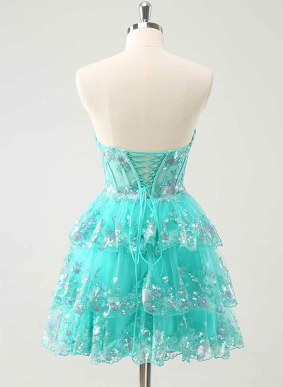 Cowl Neck Sleeveless A-Line Short/Mini Lace/Tulle/Sequined Homecoming Dresses With Tiered