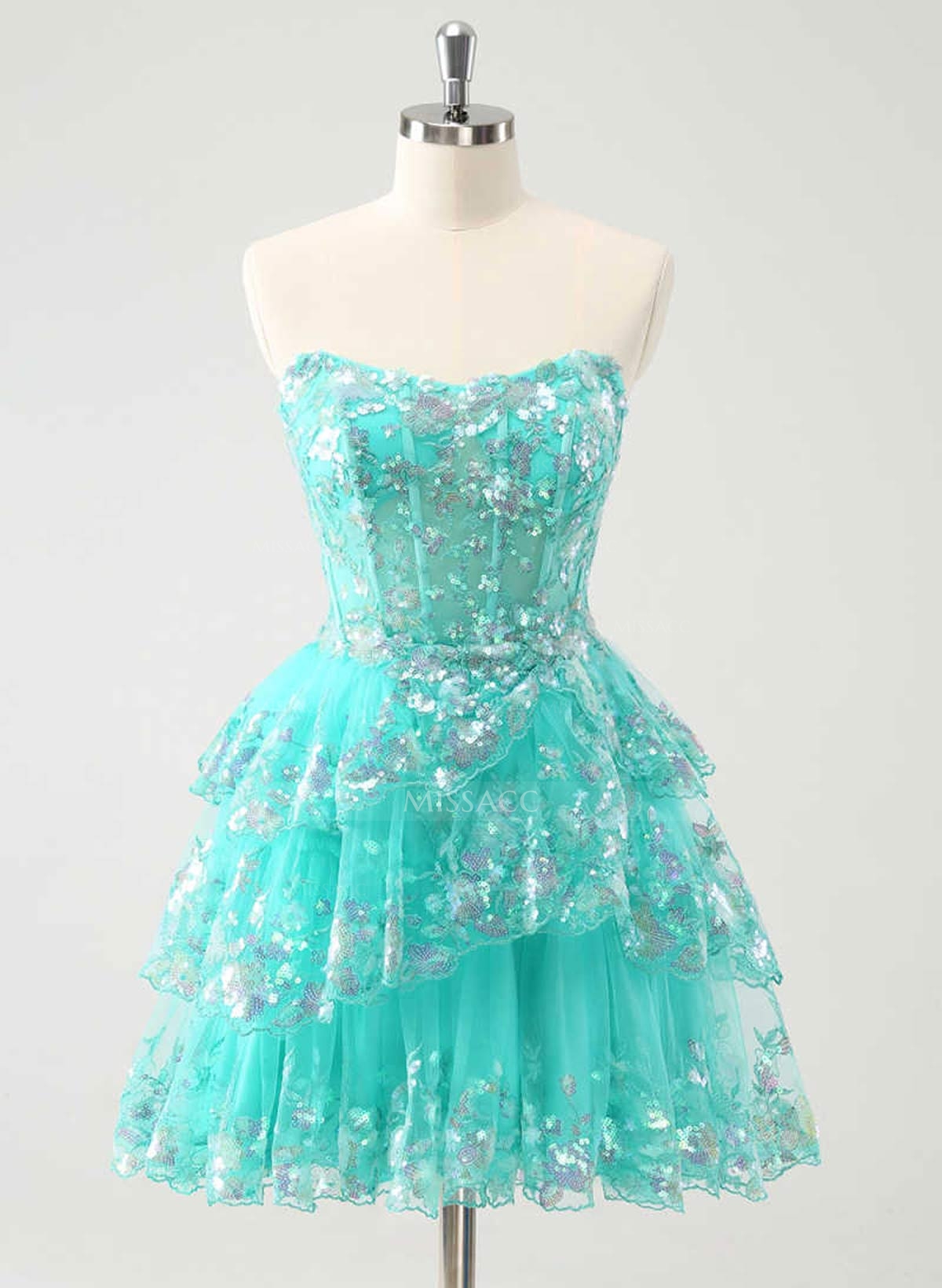 Cowl Neck Sleeveless A-Line Short/Mini Lace/Tulle/Sequined Homecoming Dresses With Tiered