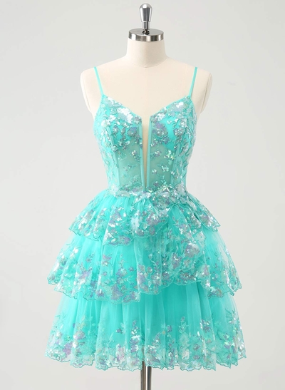 V-Neck Sleeveless Tiered A-Line Short/Mini Lace/Tulle/Sequined Homecoming Dresses