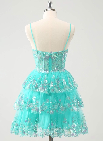 V-Neck Sleeveless Tiered A-Line Short/Mini Lace/Tulle/Sequined Homecoming Dresses