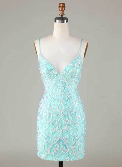 Sparkle & Shine V-Neck Sleeveless Spaghetti Straps Short/Mini Lace/Sequined Homecoming Dresses