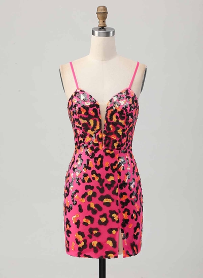 V-Neck Spaghetti Straps Sleeveless Short/Mini Sheath/Column Sequined Homecoming Dresses