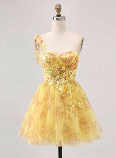 Sweetheart Flower(s) One-Shoulder A-Line Short/Mini Lace/Chiffon/Sequined Homecoming Dresses