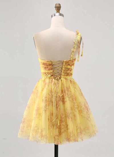 Sweetheart Flower(s) One-Shoulder A-Line Short/Mini Lace/Chiffon/Sequined Homecoming Dresses
