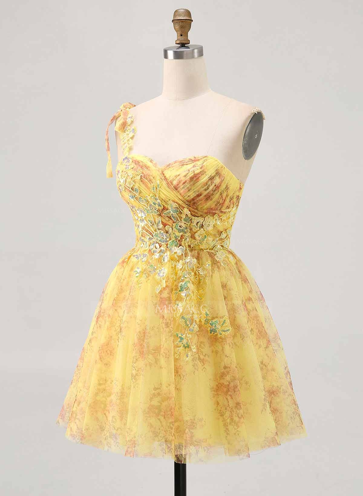 Sweetheart Flower(s) One-Shoulder A-Line Short/Mini Lace/Chiffon/Sequined Homecoming Dresses