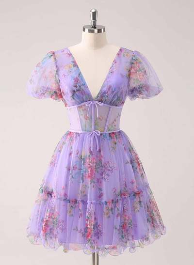 Elegant V-Neck Short Sleeves A-Line Short/Mini Chiffon Homecoming Dresses With Bow(s)