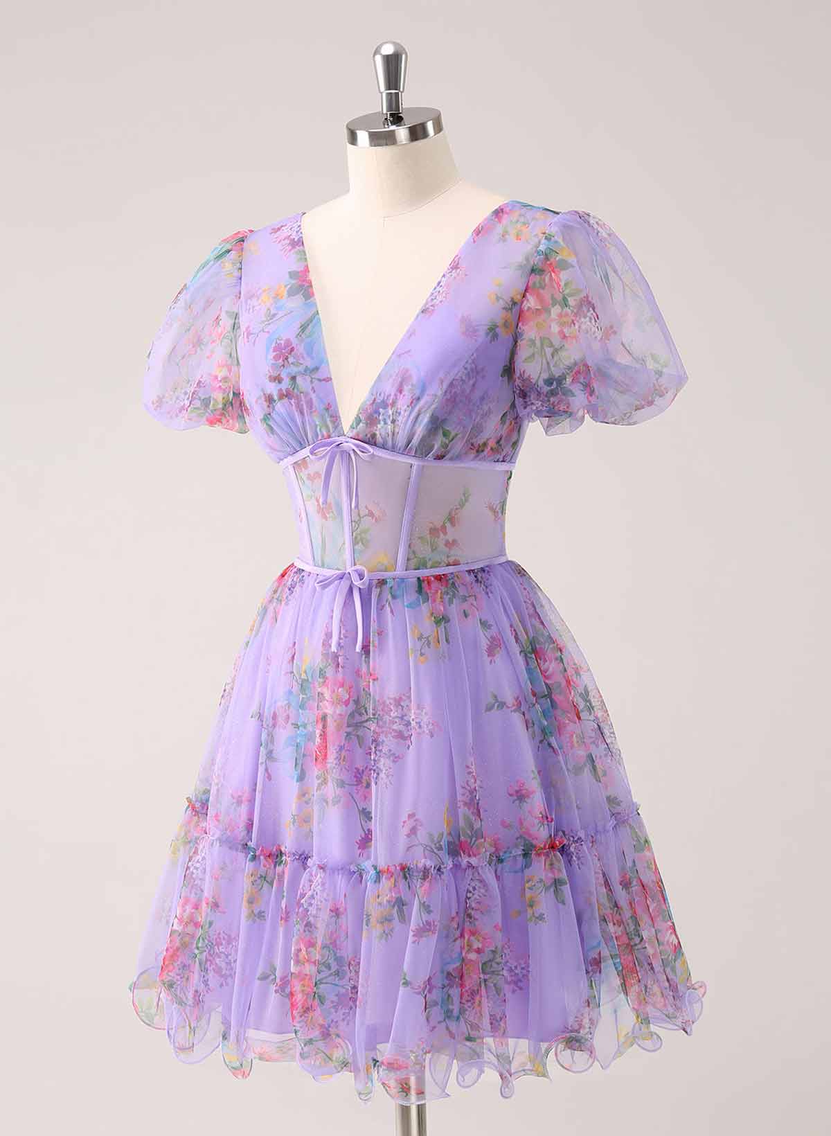 Elegant V-Neck Short Sleeves A-Line Short/Mini Chiffon Homecoming Dresses With Bow(s)