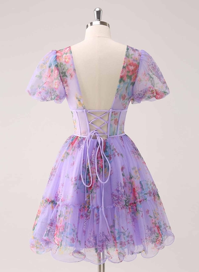 Elegant V-Neck Short Sleeves A-Line Short/Mini Chiffon Homecoming Dresses With Bow(s)