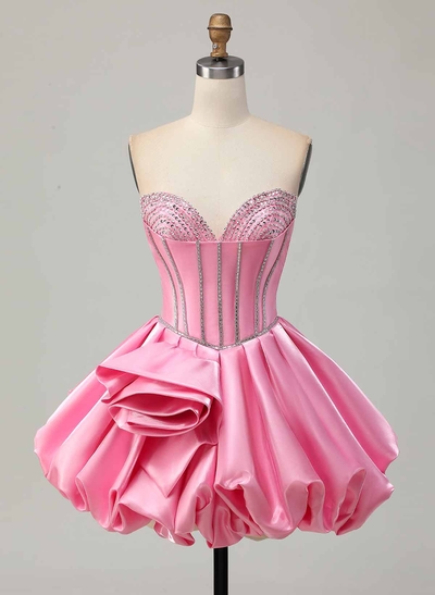Beading Sweetheart Sleeveless A-Line Short/Mini Liquid Satin Homecoming Dresses With Ruffle