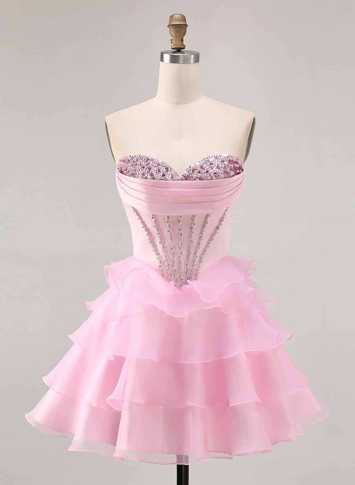 Rhinestone Beading Sweetheart Tiered A-Line Short/Mini Satin/Chiffon Homecoming Dresses