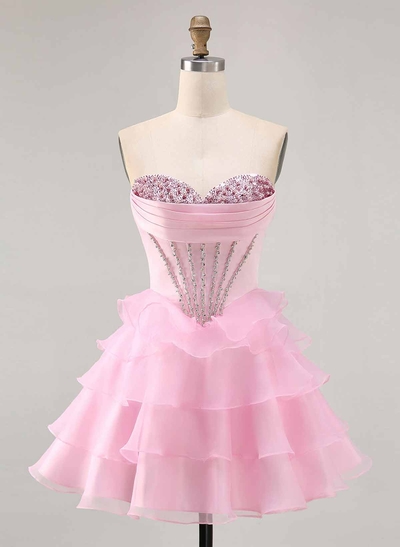 Rhinestone Beading Sweetheart Tiered A-Line Short/Mini Satin/Chiffon Homecoming Dresses