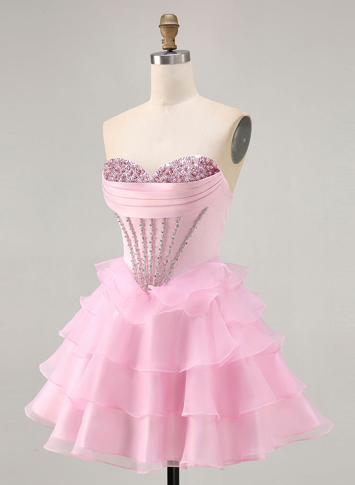Rhinestone Beading Sweetheart Tiered A-Line Short/Mini Satin/Chiffon Homecoming Dresses