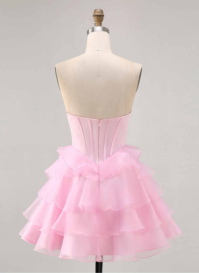 Rhinestone Beading Sweetheart Tiered A-Line Short/Mini Satin/Chiffon Homecoming Dresses