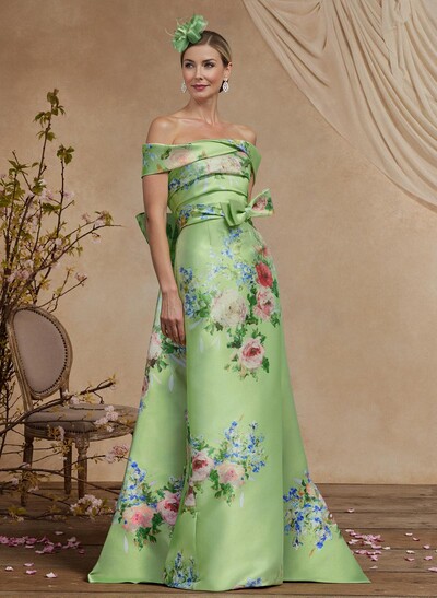 Sheath/Column Off-The-Shoulder Floor-Length Mother Of The Bride Dresses With Bow(s)/Flower(s)