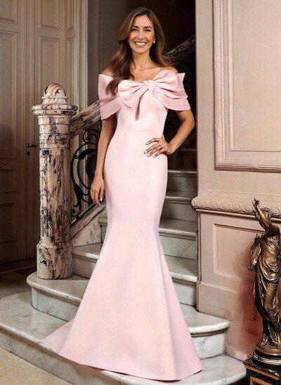 Elegant Bow(s) Off-The-Shoulder Mermaid Sweep Train Satin Mother Of The Bride Dresses