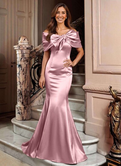 Elegant Bow(s) Off-The-Shoulder Mermaid Sweep Train Satin Mother Of The Bride Dresses