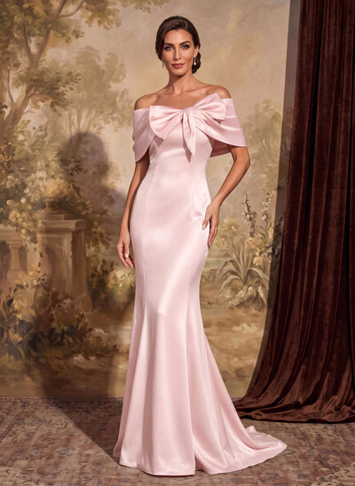 Elegant Bow(s) Off-The-Shoulder Mermaid Sweep Train Satin Mother Of The Bride Dresses