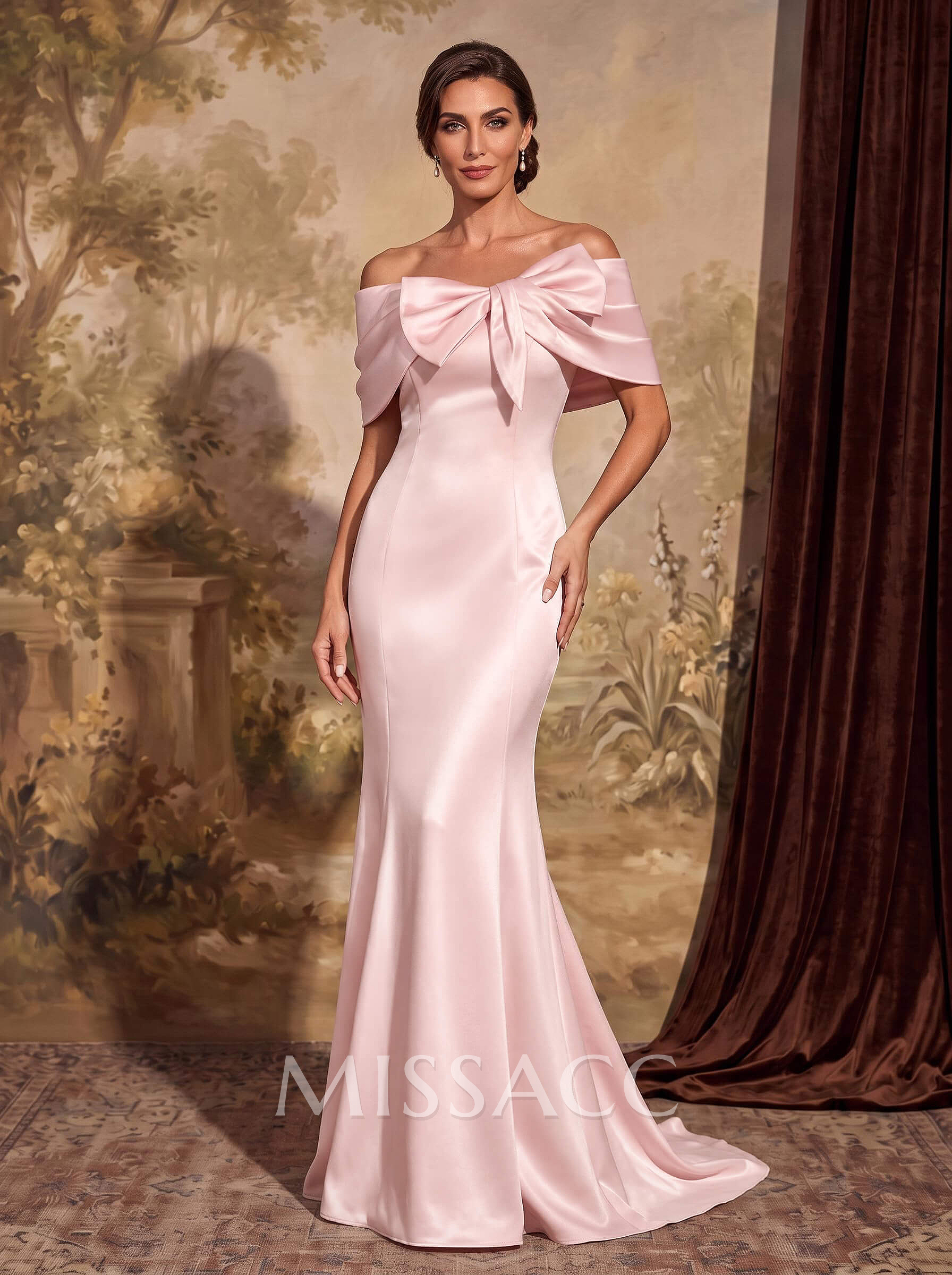 Elegant Bow(s) Off-The-Shoulder Mermaid Sweep Train Satin Mother Of The Bride Dresses